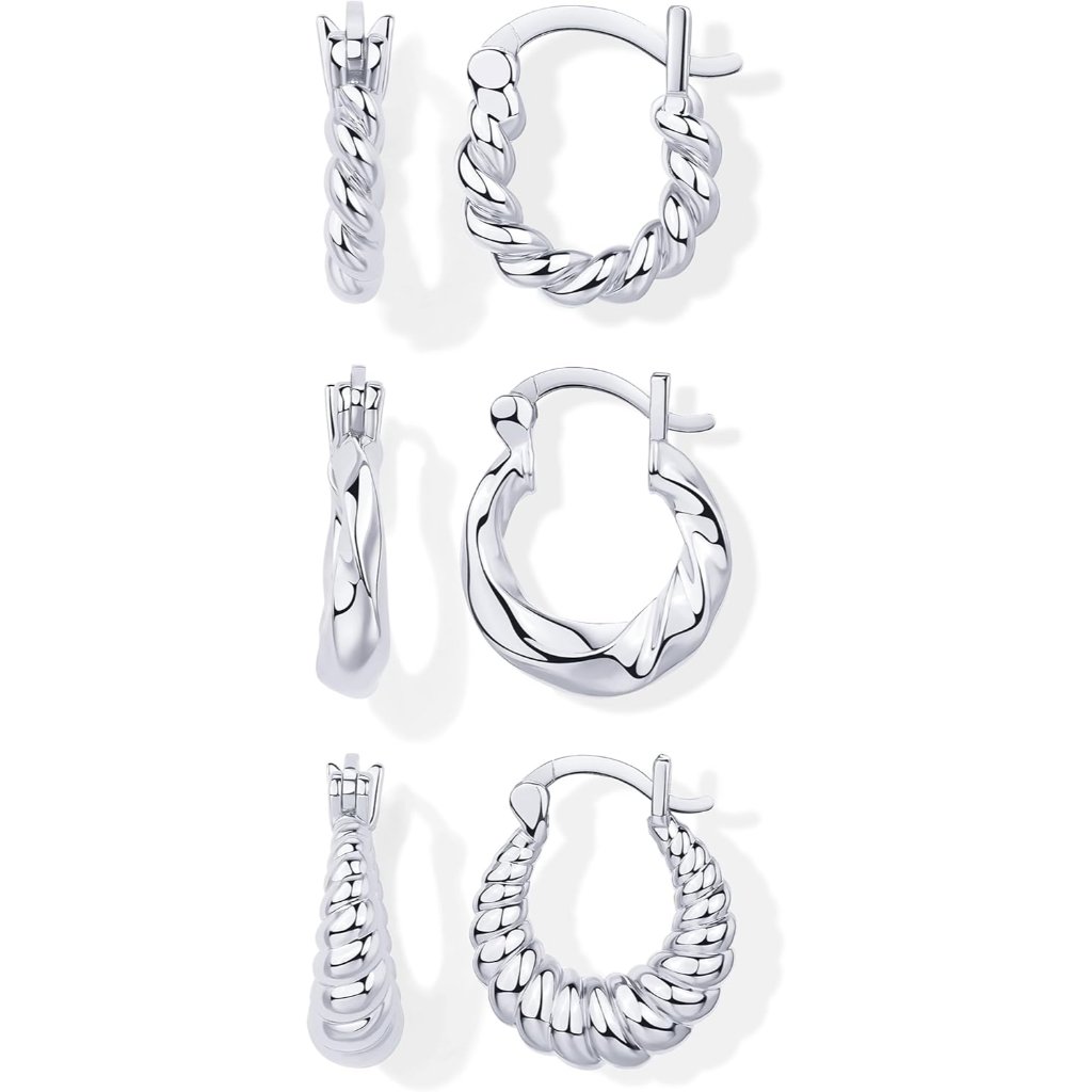 14k-18k Yellow Gold Plated 925 Sterling Silver Posts Three Pairs Small Hoop Earr